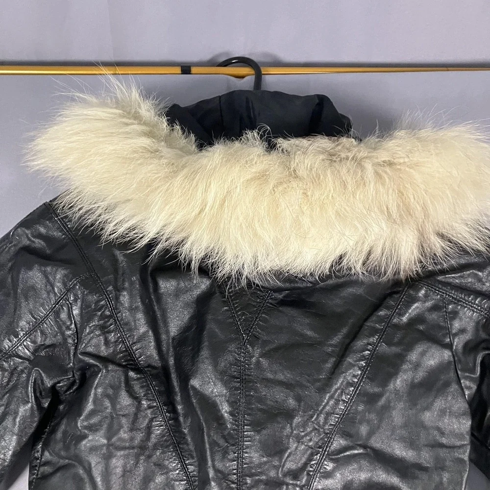 Casablanca Leather Jacket Womens 8 Black Genuine Fur‎ Trim Hooded Crop Bomber